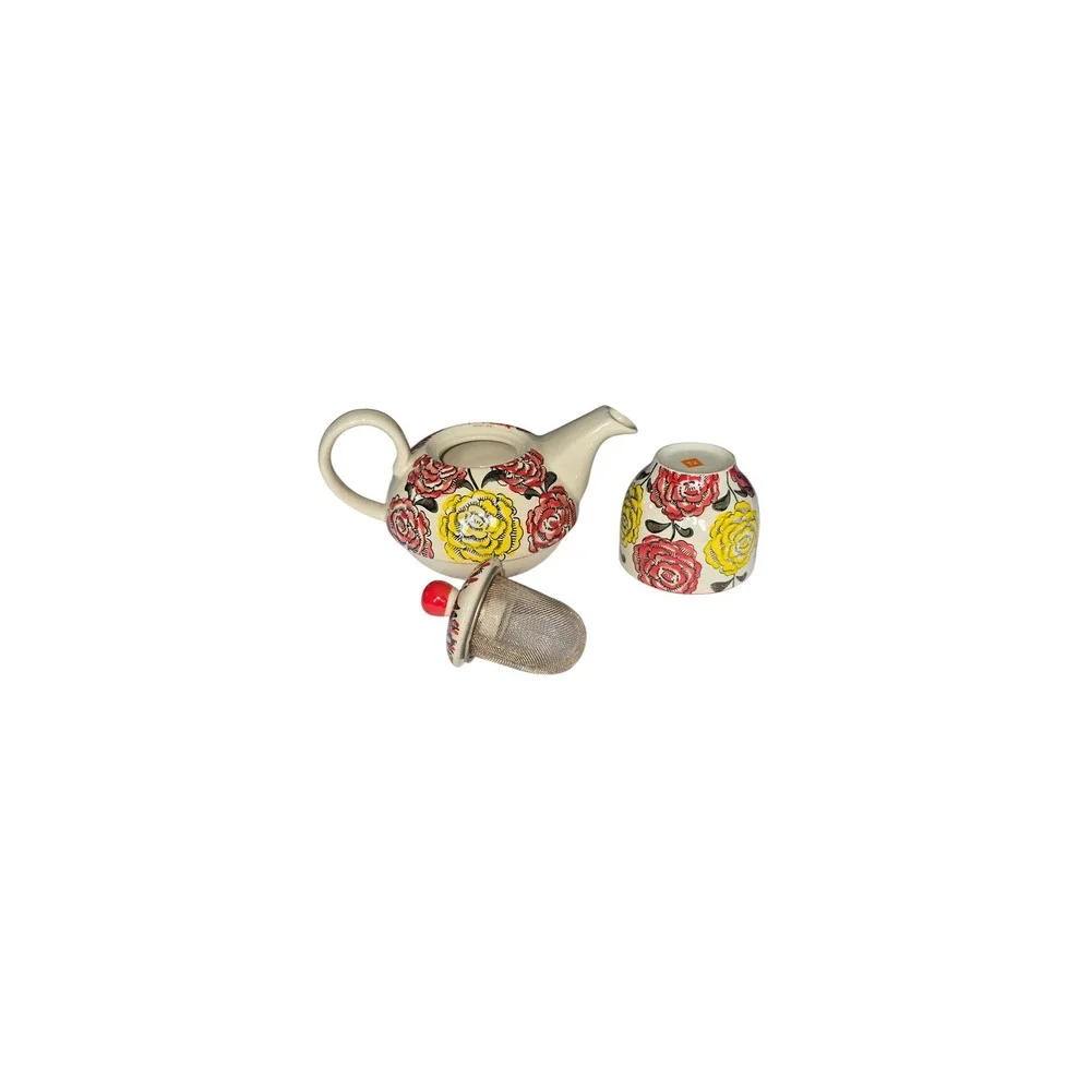 T2 Tea for One Set Ceramic Teapot Cup Infuser Red Yellow Floral Hand Painted